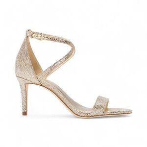 NWB Michael Kors Ava Mid Sandal Glitter Mesh Gold Ankle Strap Heels‎ 8.5